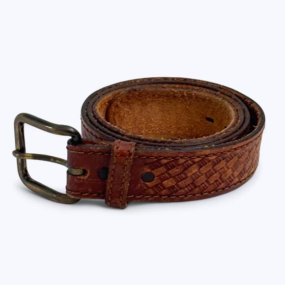 VTG Tooled Brown Leather Cowboy Belt Mens 44 Basket Weave Pattern Brass Buckle - Picture 1 of 10